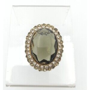 Vintage oversized smoky gray glass brooch large oval rhinestone pin AS-IS